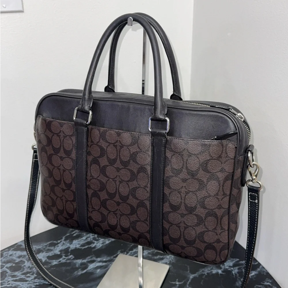 COACH Laptop iPad Bag Perry Slim Brief Case Men / Women Brown Canvas AUTHENTIC